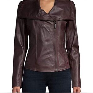 Michael Kors Leather Brown Asymmetrical Jacket Size Large Zipper Cuffs Sz Small